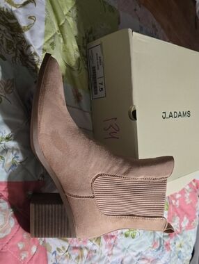 J. Adams Taupe Suede Elastic-Side Block Heel Ankle Boot